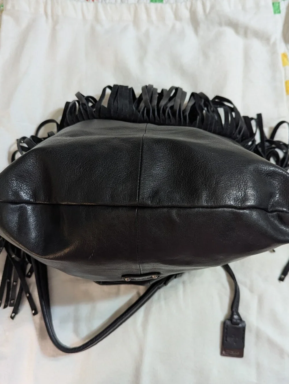 Frye Black Leather Fringe Hobo with Stud Detailing